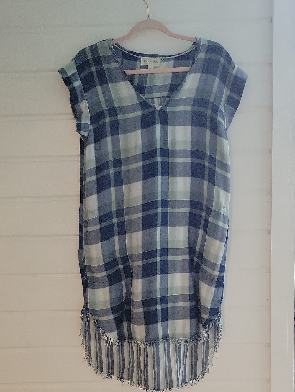 cloth & stone Blue and White Plaid High-Low Fringe Dress